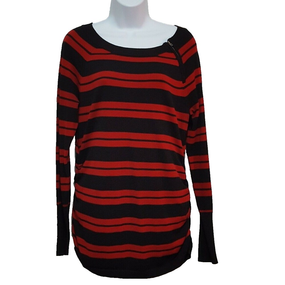 It's Our Time Sweater Top XL Striped Long Sleeve Zip NeckRuched Sides Black Red